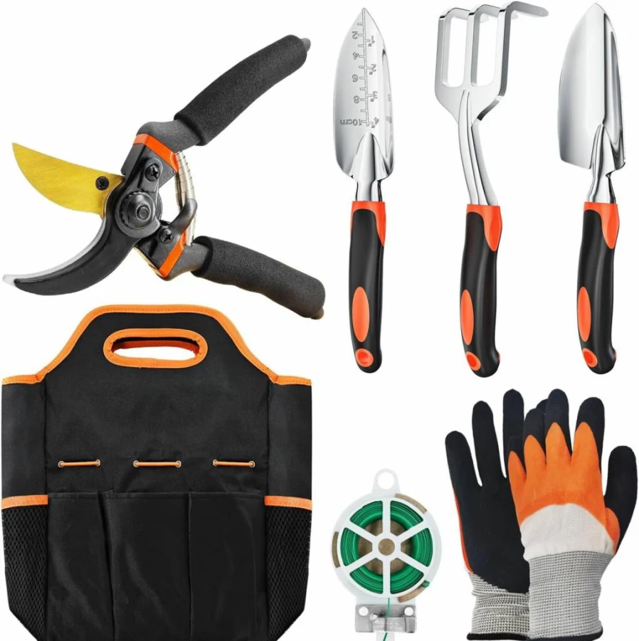 ESOW 3-Piece Heavy Duty Aluminum Garden Tool Set with Non-Slip Rubber Handle - Hand Trowel, Transplant Trowel, Cultivator Rake for Gardening, Red