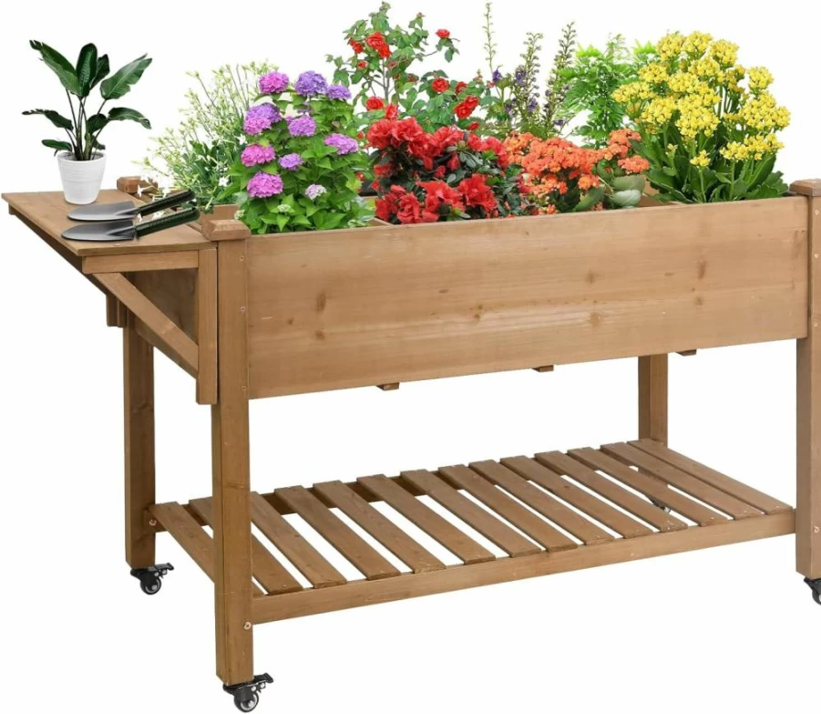 Magazoopet 81" Elevated Raised Garden Bed with Legs, Wood Planter Box Stand for Backyard, Patio, Flowers, Includes Liner, Hooks, Divider Panel & Drainage Holes, Brown Outdoor Gardening Gift