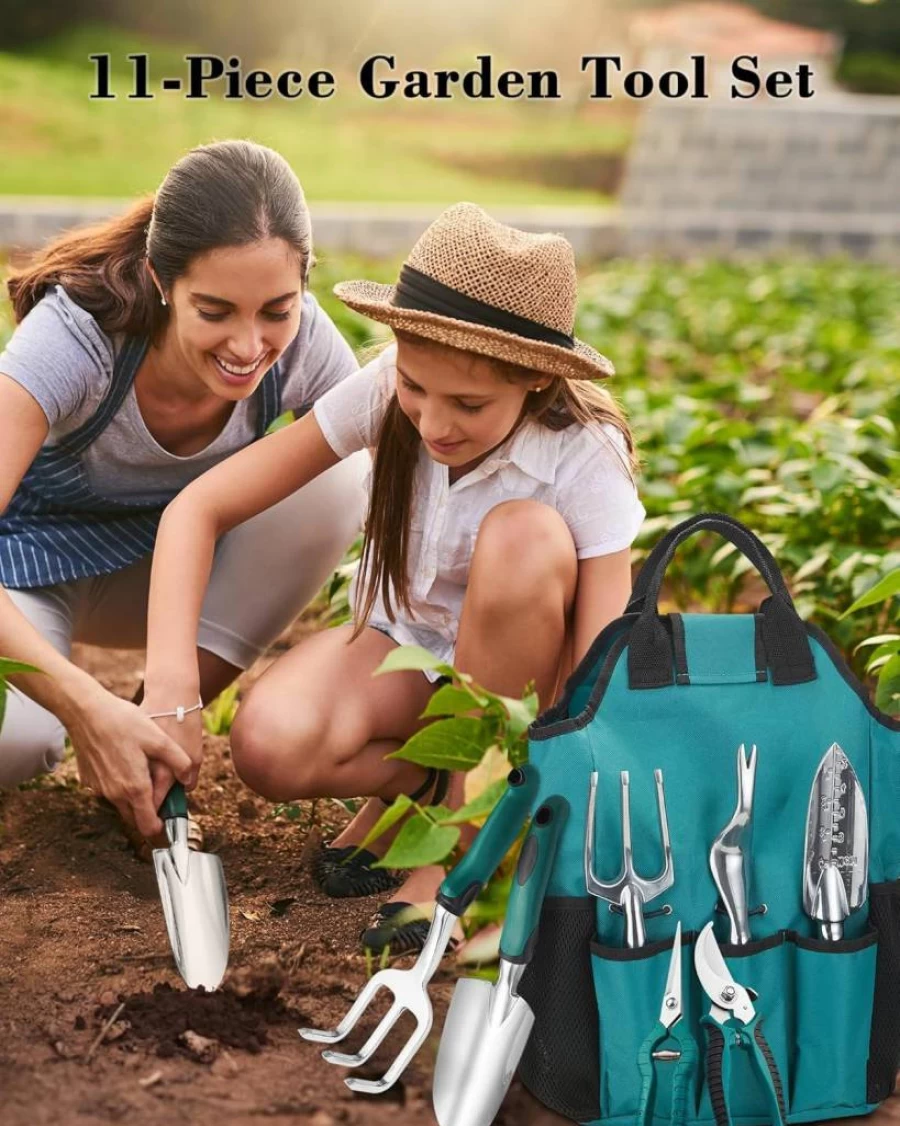 FiveJoy 11-Piece Aluminum Gardening Tool Set with Ergonomic Handles, Durable Tote Bag, Ideal Gift for Women – Complete Garden Starter Kit