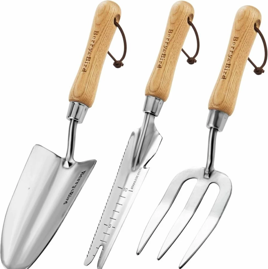 Berry&Bird 3-Piece Stainless Steel Garden Tool Set with Wooden Handle - Trowel, Fork, Weeder for Planting, Weeding, Transplanting - Ideal Gardening Gift for Men & Women