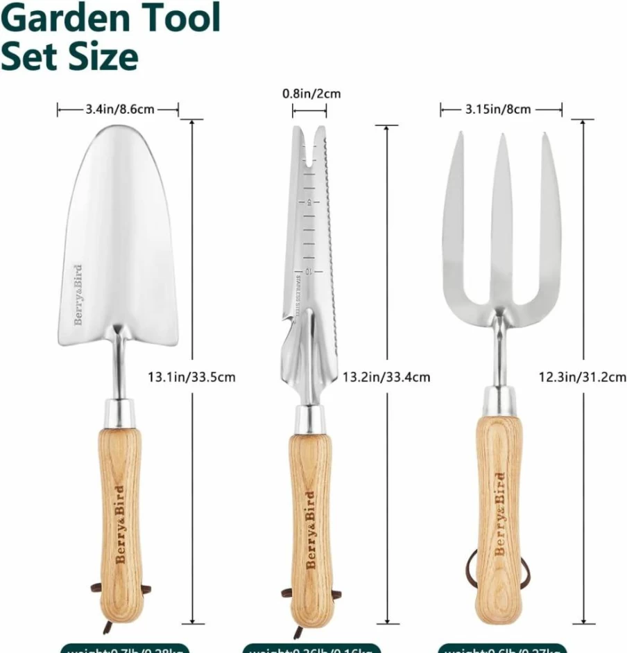 Berry&Bird 3-Piece Stainless Steel Garden Tool Set with Wooden Handle - Trowel, Fork, Weeder for Planting, Weeding, Transplanting - Ideal Gardening Gift for Men & Women
