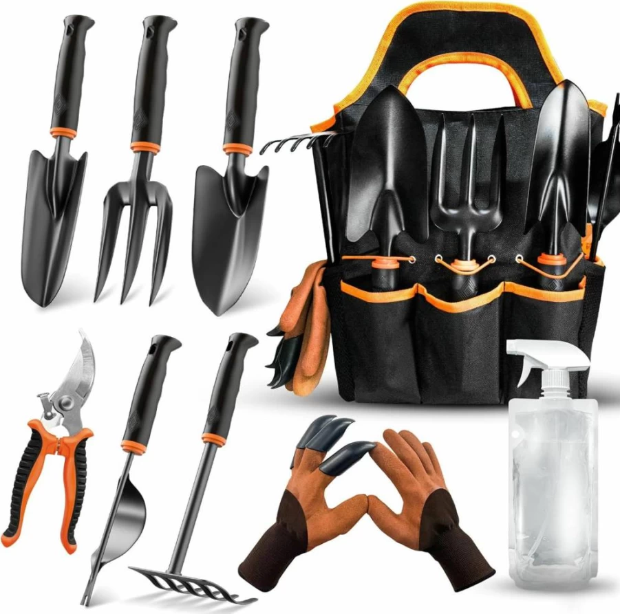 LEDERA 10-Piece Heavy Duty Garden Tools Set for Women - Outdoor Gardening Hand Tools with Gloves, Rake, Shears, Weeder & Tool Bag (Green)