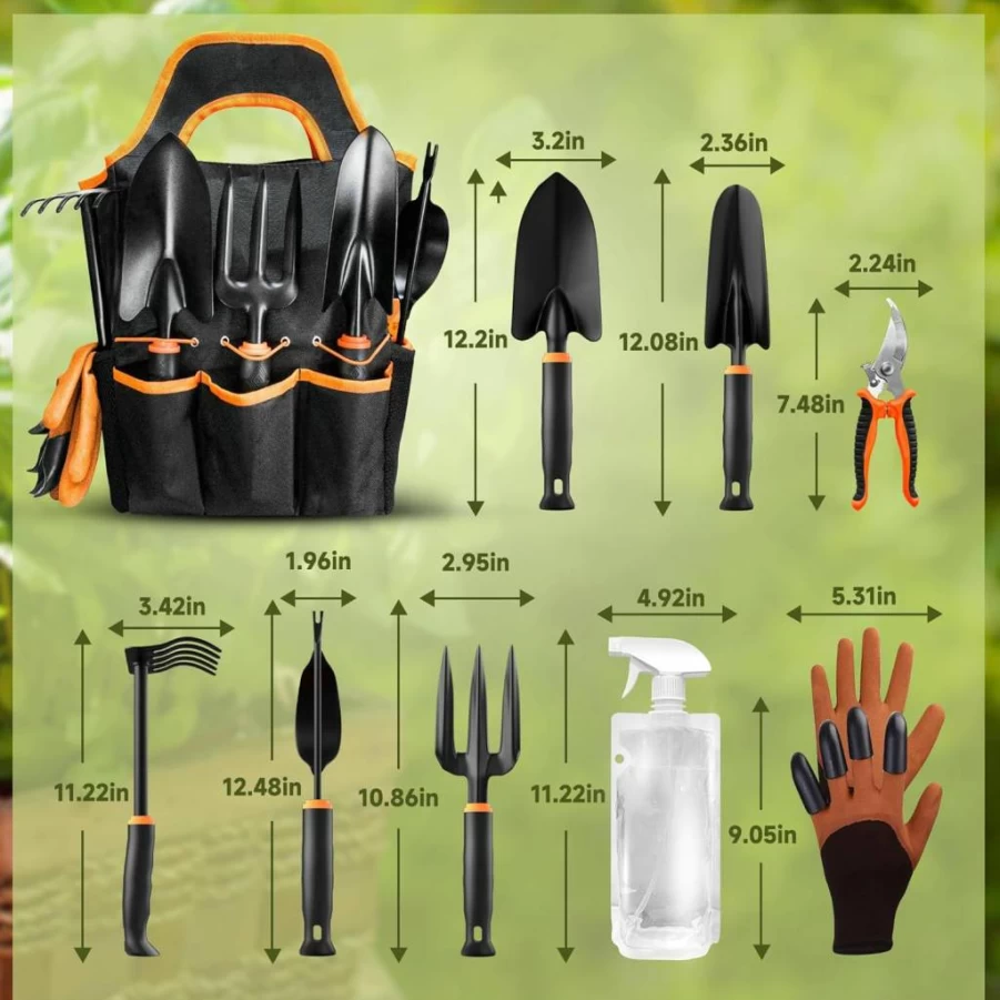 LEDERA 10-Piece Heavy Duty Garden Tools Set for Women - Outdoor Gardening Hand Tools with Gloves, Rake, Shears, Weeder & Tool Bag (Green)