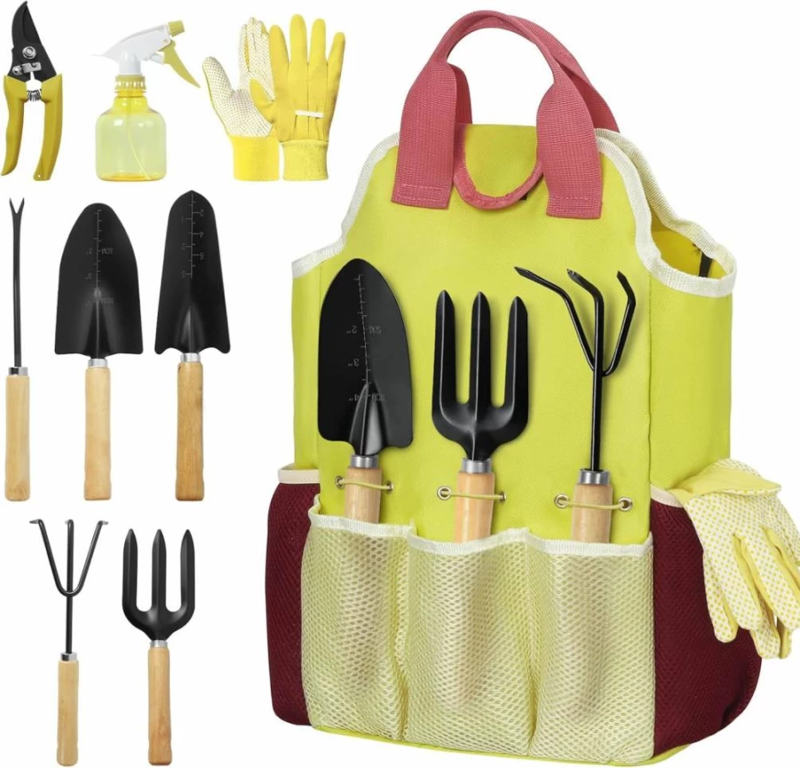 OUTTPLY 9-Piece Heavy Duty Gardening Tool Set with Wooden Handles, Premium Durable Garden Kit Includes Stylish Handbag - Ideal Gift for Women & Garden Enthusiasts