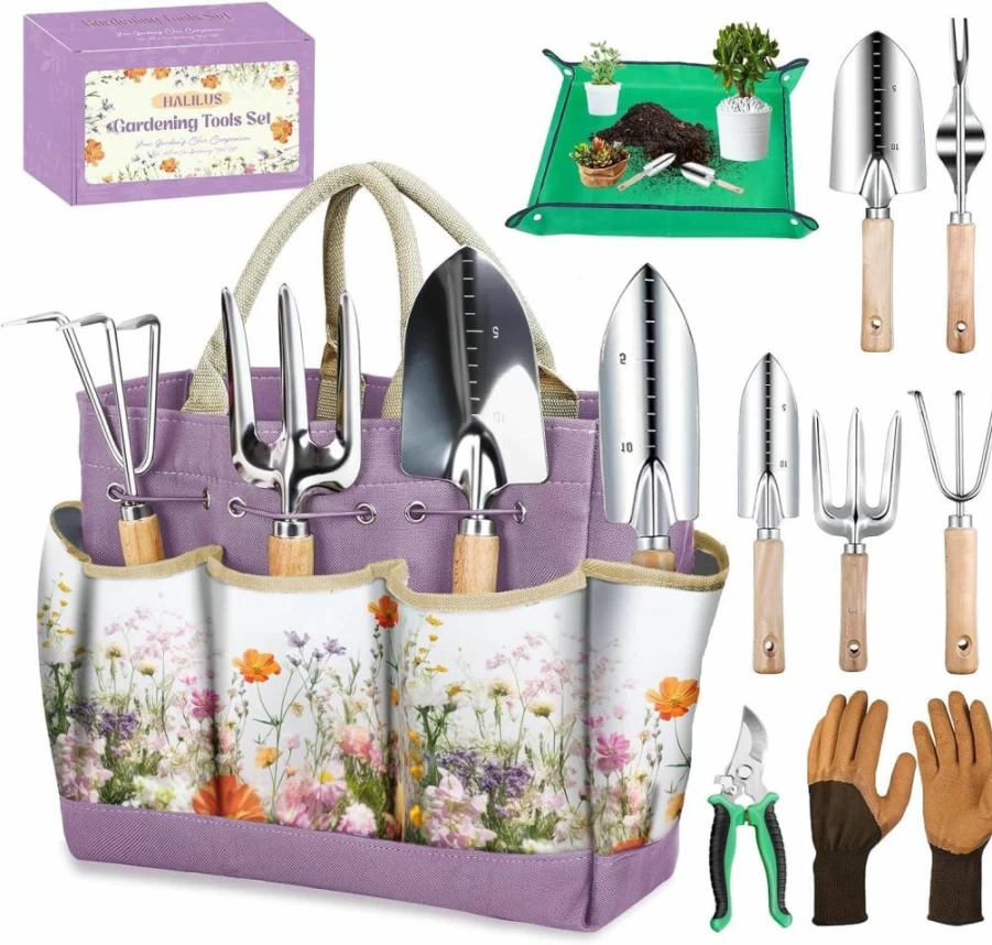 Halilus 9-Piece Gardening Tools Set for Women - Heavy-Duty Stainless Steel Hand Tools with Floral Tote Bag & Repotting Mat - Perfect Gift for Mom, Wife, Gardeners
