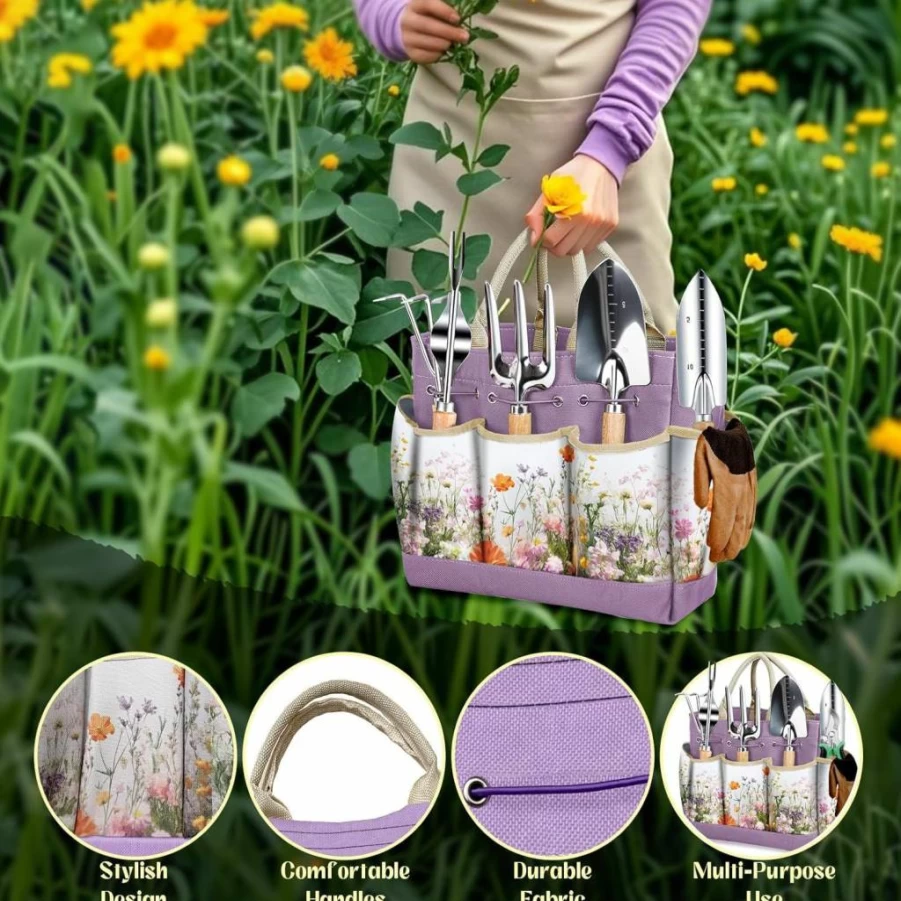 Halilus 9-Piece Gardening Tools Set for Women - Heavy-Duty Stainless Steel Hand Tools with Floral Tote Bag & Repotting Mat - Perfect Gift for Mom, Wife, Gardeners