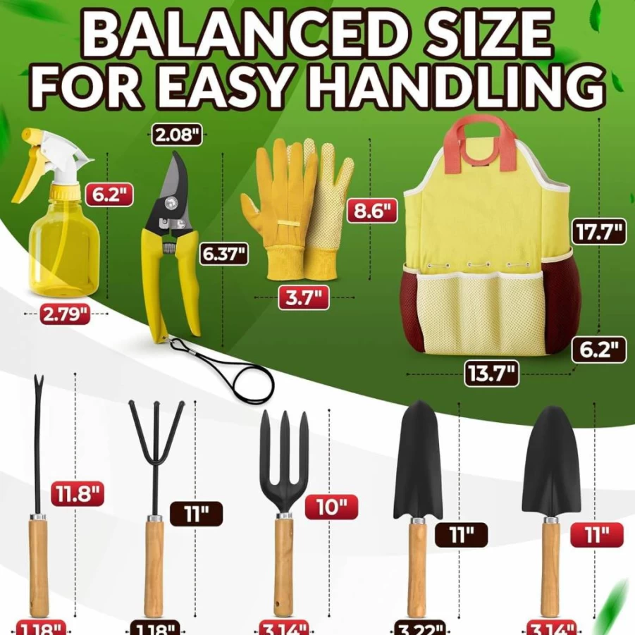 NADOBA 10-Piece Ergonomic Gardening Tool Set for Women - Lightweight Metal Hand Tools with Convenient Carry Bag for Outdoor Plant Care