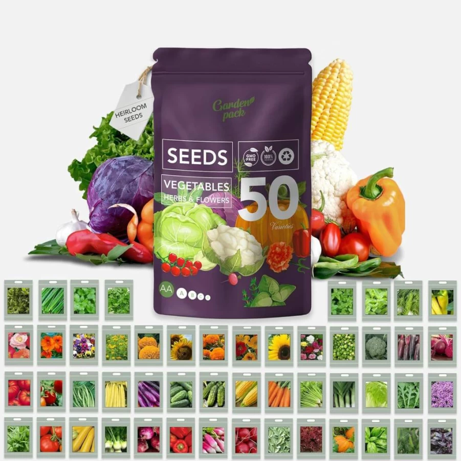 Garden Pack 50 Varieties Non-GMO Heirloom Seeds for Planting - Herb, Flower & Vegetable Seeds Pouch - 25,000 Seeds for Home Gardening