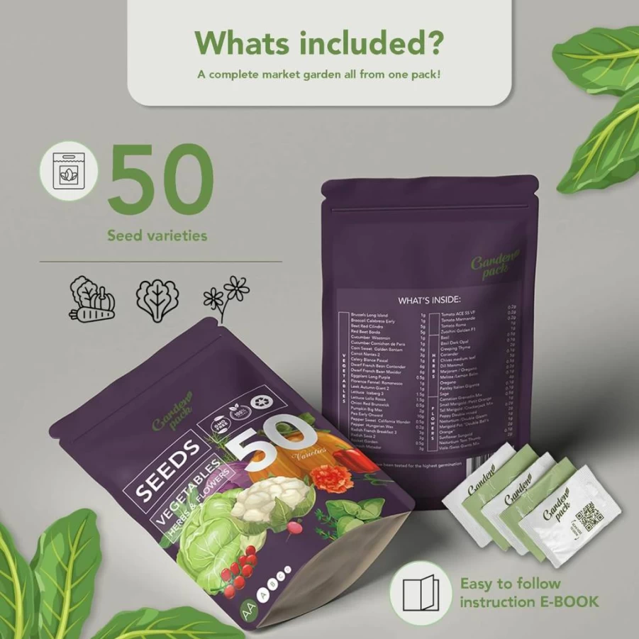 Garden Pack 50 Varieties Non-GMO Heirloom Seeds for Planting - Herb, Flower & Vegetable Seeds Pouch - 25,000 Seeds for Home Gardening