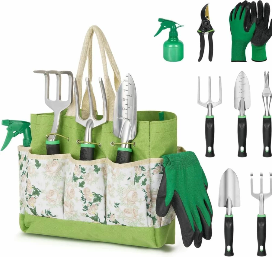 GreatBuddy 9-Piece Heavy Duty Gardening Tool Set for Women - Rust-Proof with Ergonomic Handles & Storage Bag, Perfect Gift for Gardeners, Moms, Beginners