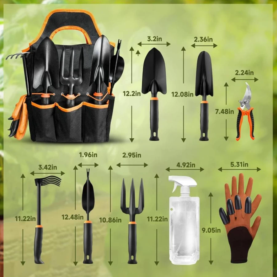 LEDERA 10-Piece Heavy Duty Garden Tool Set with Non-Slip Rubber Grip, Durable Organizer Handbag – Outdoor Gardening Tools Kit for Women & Men