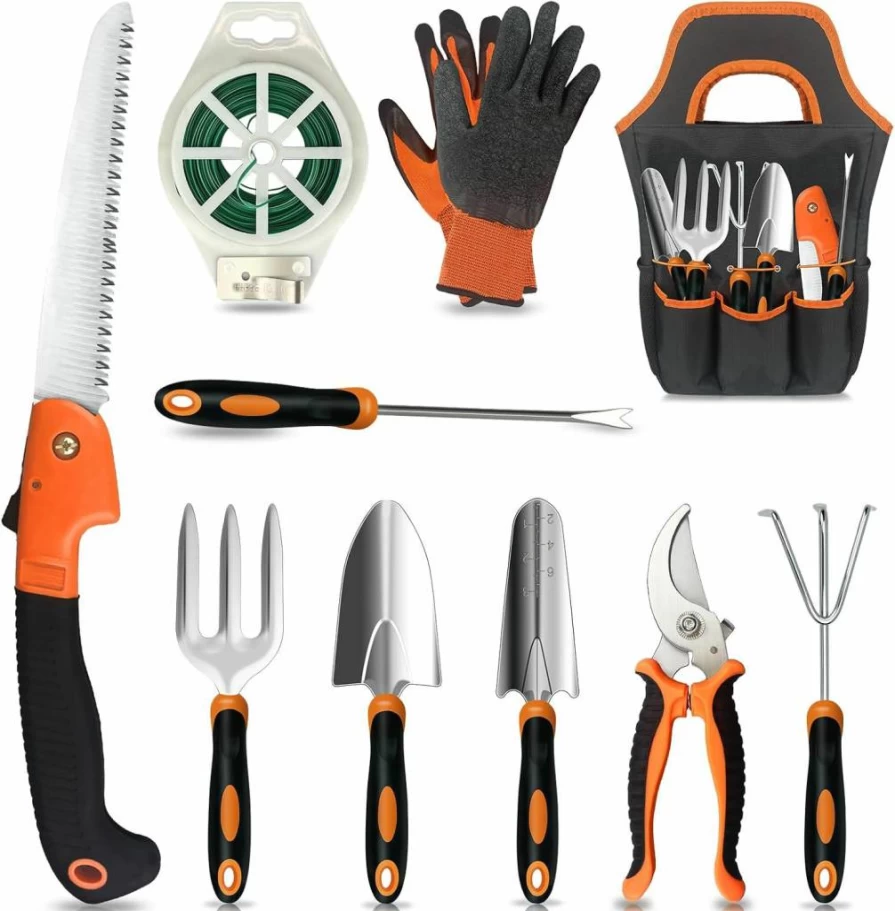 SETTECH 10Pcs Stainless Steel Gardening Tool Set with Non-Slip Ergonomic Handle, Heavy Duty Outdoor Garden Shovel Kit, Storage Bag Included - Ideal Garden Gifts for Men & Women
