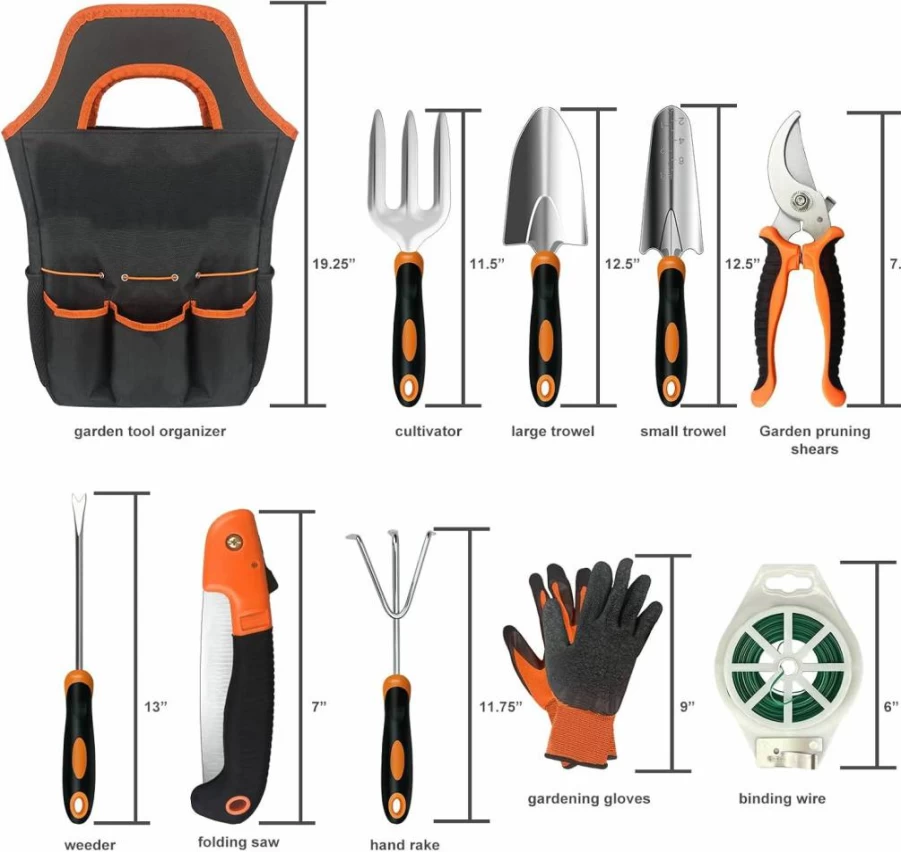 SETTECH 10Pcs Stainless Steel Gardening Tool Set with Non-Slip Ergonomic Handle, Heavy Duty Outdoor Garden Shovel Kit, Storage Bag Included - Ideal Garden Gifts for Men & Women