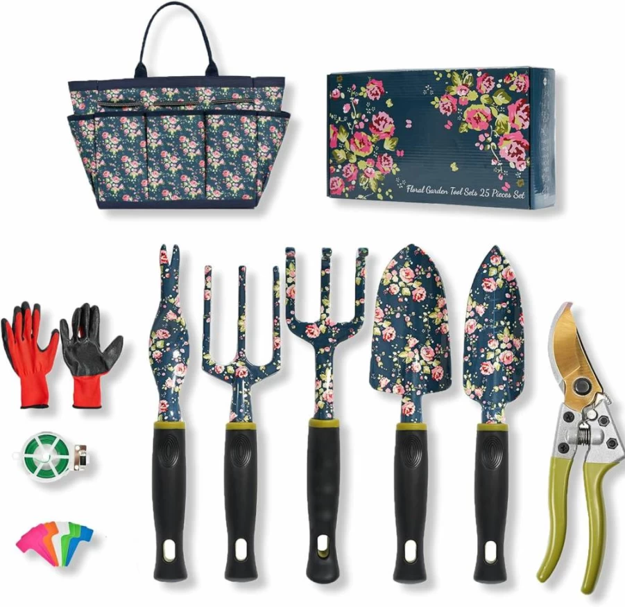 Ebbniur 25Pcs Heavy Duty Gardening Tool Set - Aluminum Rust-Proof Kit with Shovel, Trowel, Pruner & Gloves | Ideal Garden Gift for Adults