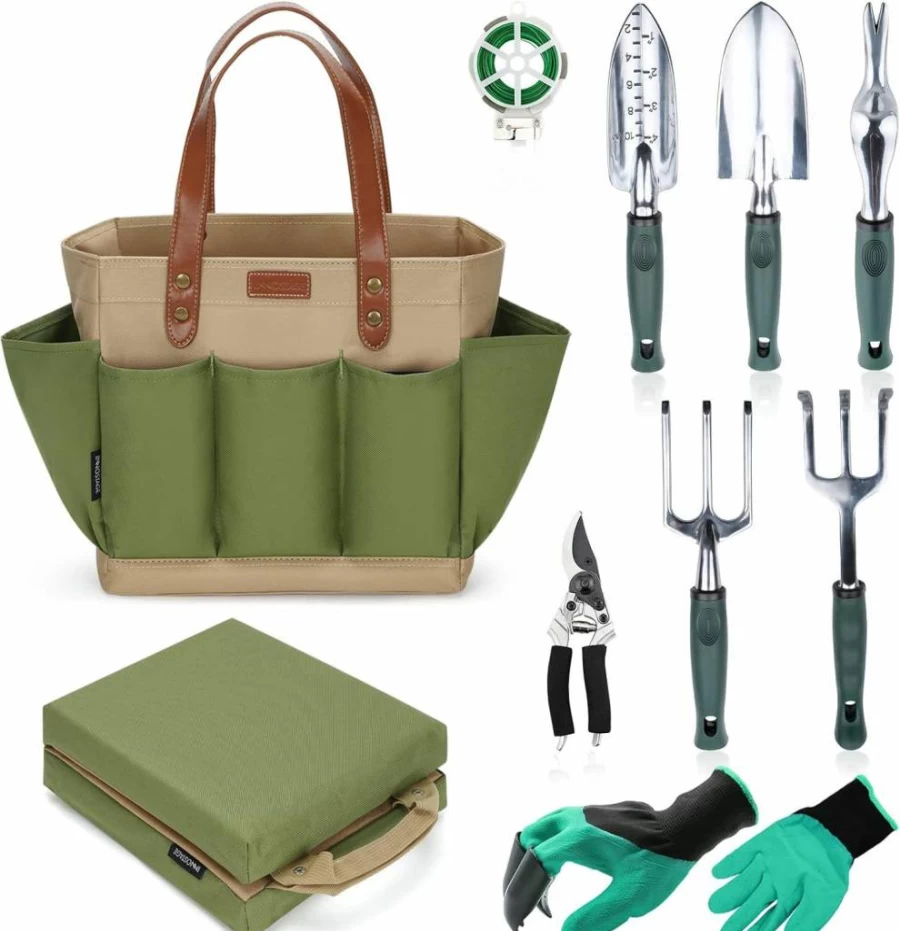 INNO STAGE 10-Piece Gardening Tools Set with Tote Bag, Kneeling Seat - Perfect Garden Gift Kit for Valentine's Day, Mother's Day, DIY Planting