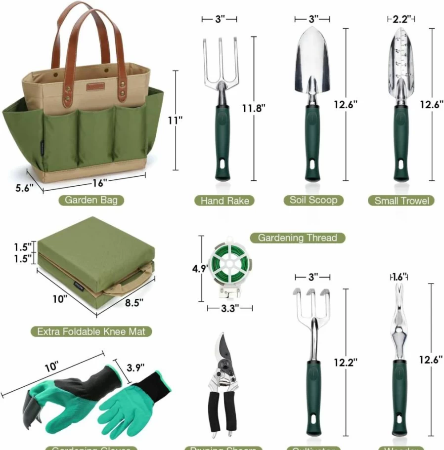 INNO STAGE 10-Piece Gardening Tools Set with Tote Bag, Kneeling Seat - Perfect Garden Gift Kit for Valentine's Day, Mother's Day, DIY Planting