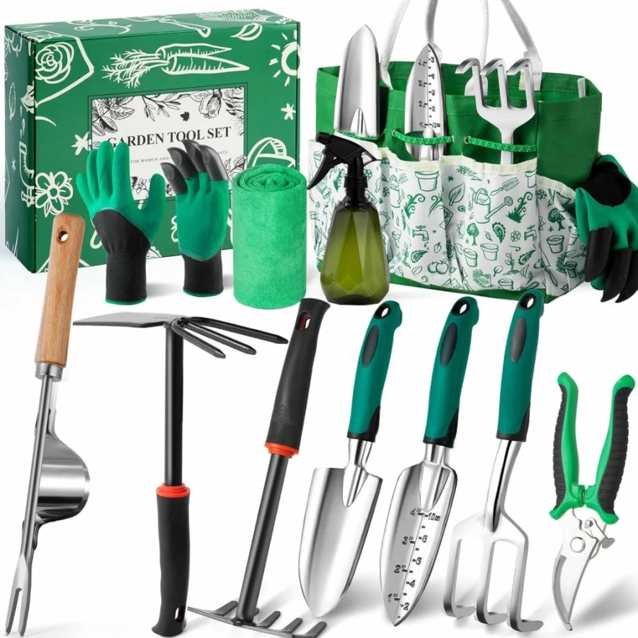 Alitifiy 12Pcs Heavy Duty Garden Tool Set for Women with Fashion Organizer Handbag - Gardening Supplies Gift for Mom, Planting Hand Tools, Green Gardening Kit