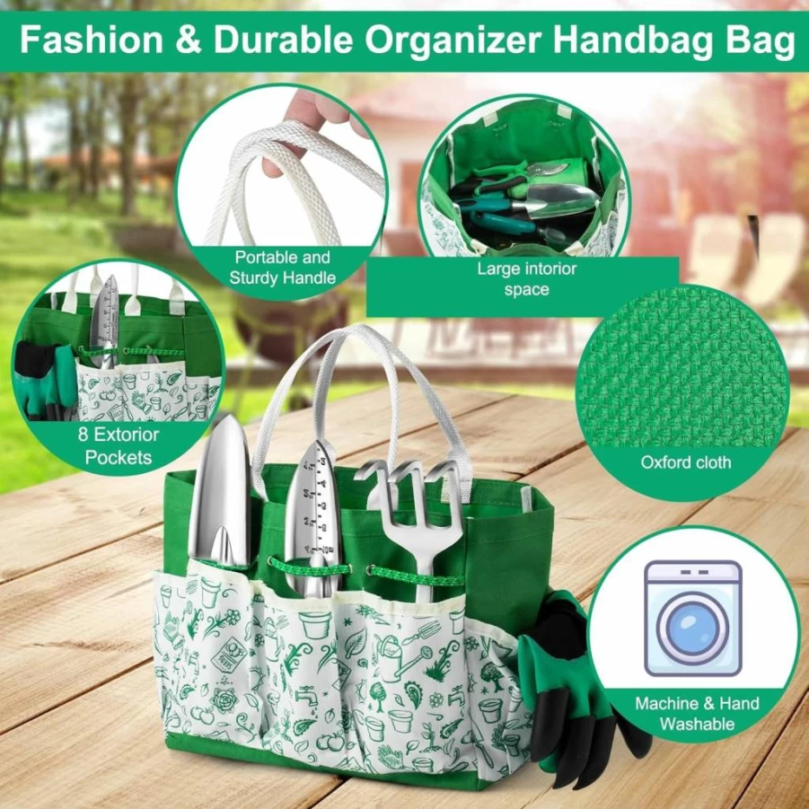 Alitifiy 12Pcs Heavy Duty Garden Tool Set for Women with Fashion Organizer Handbag - Gardening Supplies Gift for Mom, Planting Hand Tools, Green Gardening Kit