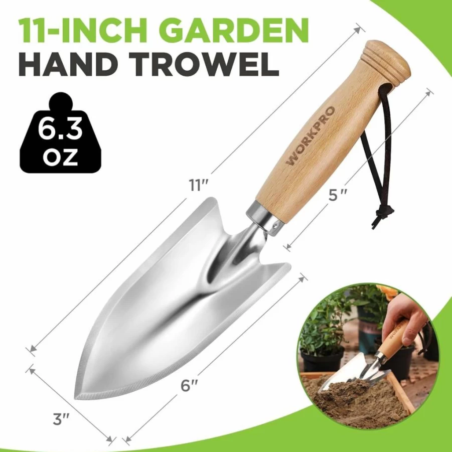 WORKPRO 11-Inch Stainless Steel Garden Trowel with Ergonomic Wood Handle - Heavy Duty Digging Shovel for Planting, Transplanting & Measuring - Durable Gardening Hand Tool