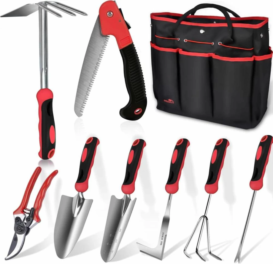 WisaKey 9-Piece Stainless Steel Gardening Tool Set with Non-Slip Ergonomic Handles, Durable Garden Tools Kit Includes Tote Bag - Ideal Gift for Men & Women Gardeners