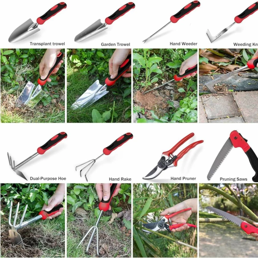 WisaKey 9-Piece Stainless Steel Gardening Tool Set with Non-Slip Ergonomic Handles, Durable Garden Tools Kit Includes Tote Bag - Ideal Gift for Men & Women Gardeners