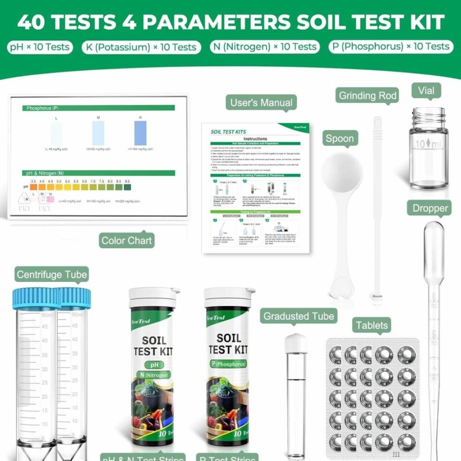NewTest Professional Soil Test Kit - 40 Tests for pH, Nitrogen, Phosphorus & Potassium | Accurate 4-in-1 Soil Tester for Lawn, Garden & Plants