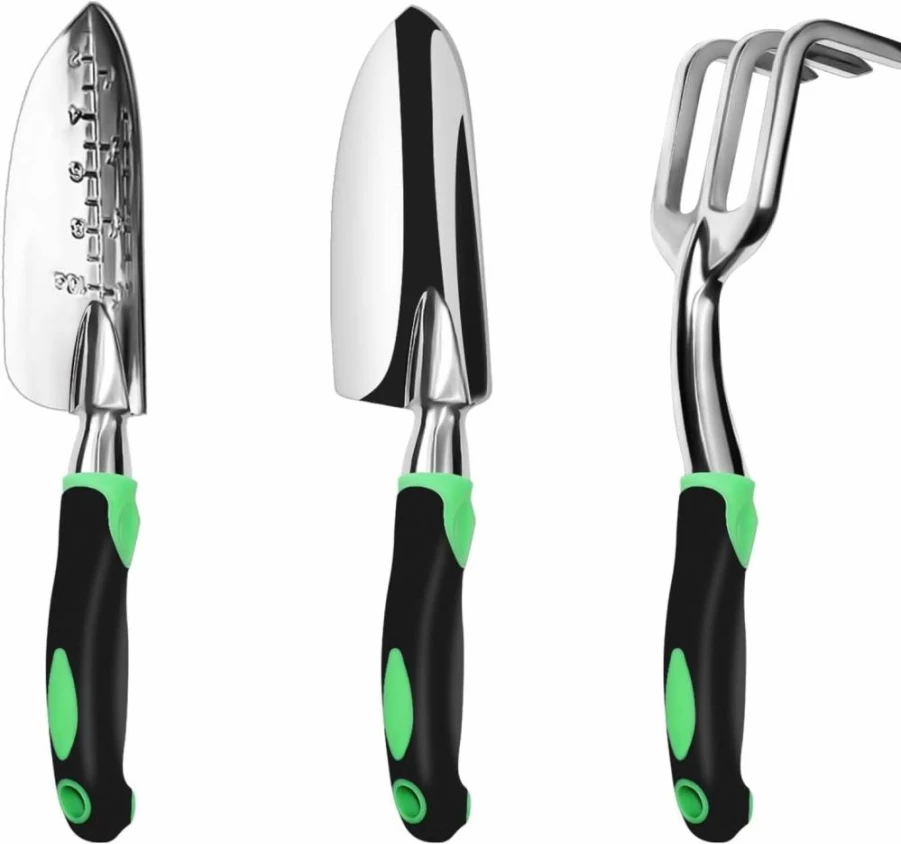 ZUZUAN 3-Piece Heavy Duty Aluminum Garden Tool Set with Ergonomic Non-Slip Handle - Includes Hand Trowel, Transplant Trowel, and Cultivator Rake for Gardening