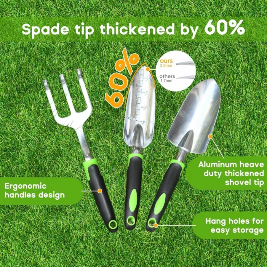 ZUZUAN 3-Piece Heavy Duty Aluminum Garden Tool Set with Ergonomic Non-Slip Handle - Includes Hand Trowel, Transplant Trowel, and Cultivator Rake for Gardening