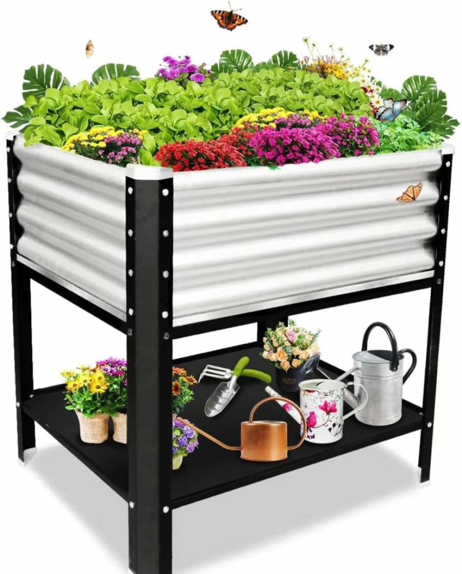 Megawodar Silver Elevated Metal Raised Garden Bed - Outdoor Planter Box for Vegetables, Herbs & Flowers, Durable Small Metal Pot for Gardening
