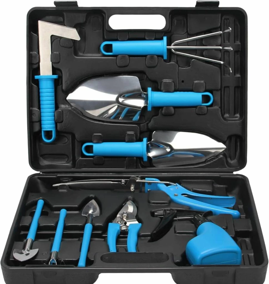 Madrigal 10-Piece Stainless Steel Gardening Tools Set with Carrying Case - Trowel, Rake, Pruner, Shears, Weeder & Sprayer Kit for Planting