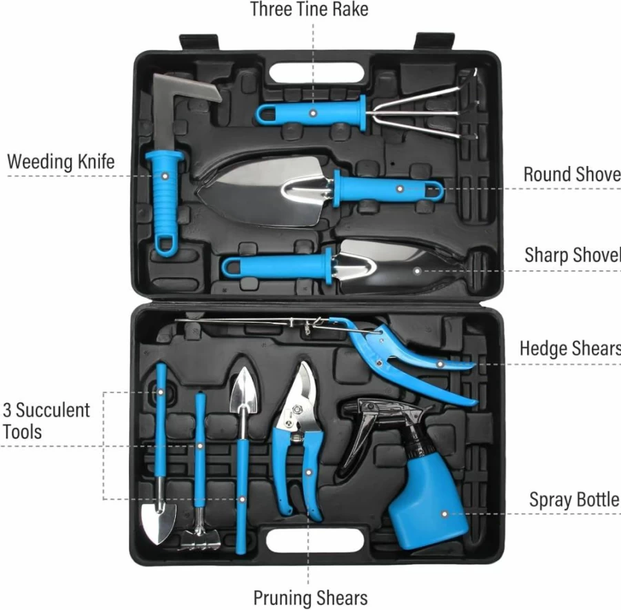 Madrigal 10-Piece Stainless Steel Gardening Tools Set with Carrying Case - Trowel, Rake, Pruner, Shears, Weeder & Sprayer Kit for Planting