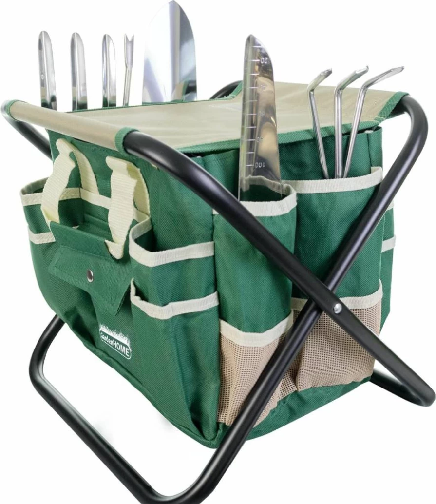 GardenHOME 7-Piece Stainless Steel Gardening Tool Set with Heavy-Duty Folding Stool, Canvas Tote Bag - Durable Outdoor Yard Tools for Gardeners, Men & DIY Enthusiasts (Black/Orange)