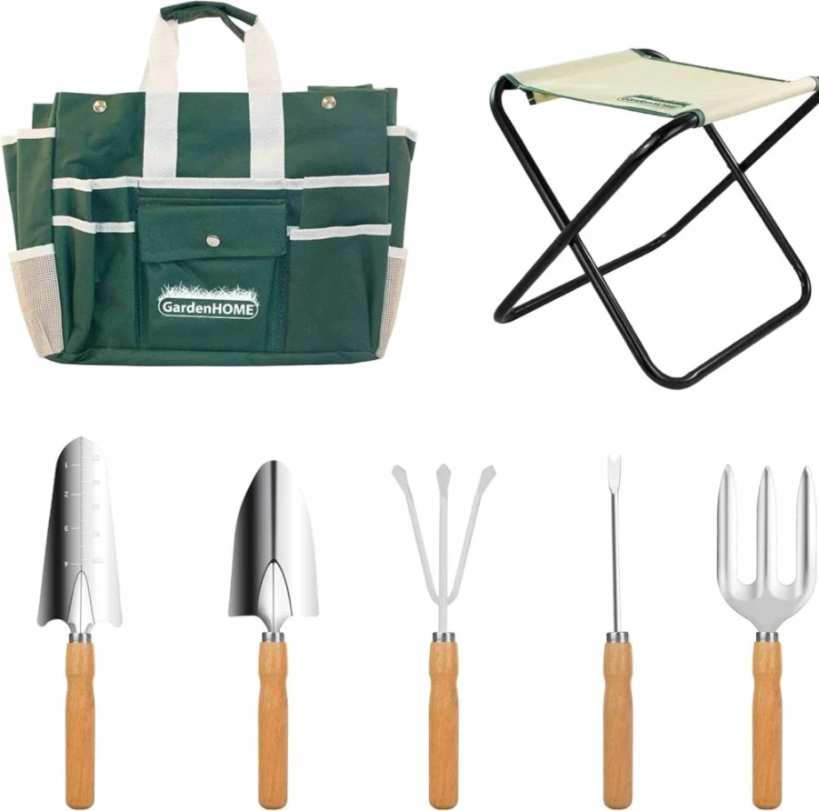 GardenHOME 7-Piece Stainless Steel Gardening Tool Set with Heavy-Duty Folding Stool, Canvas Tote Bag - Durable Outdoor Yard Tools for Gardeners, Men & DIY Enthusiasts (Black/Orange)