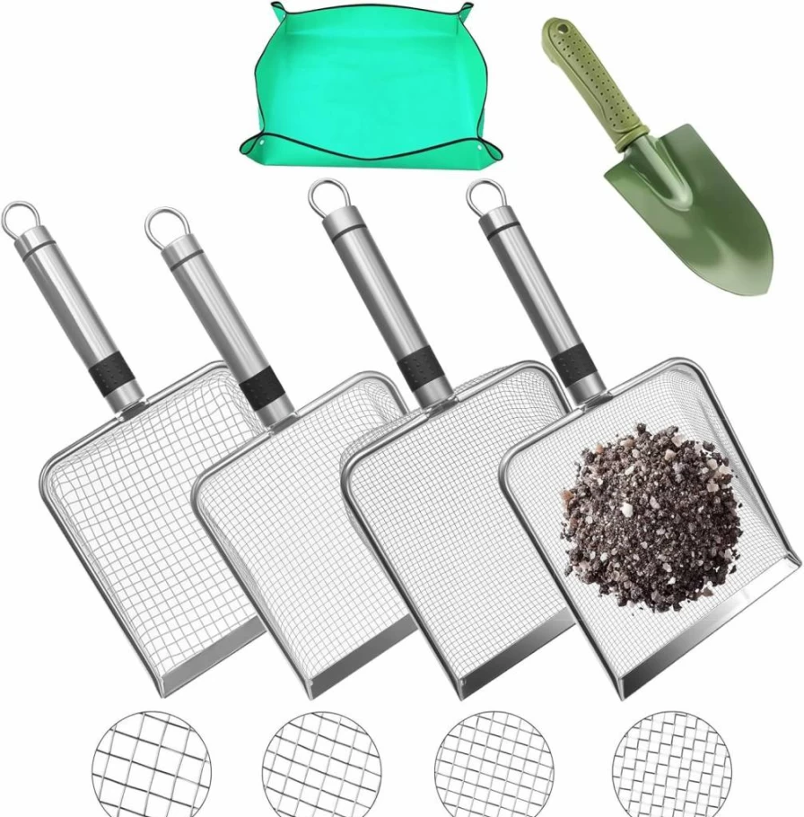 HOAIXUN 4-Layer Stainless Steel Soil Sifter Kit (2mm/2.8mm/3.8mm/5mm Mesh) - Heavy Duty Garden Sieve for Compost, Sand & Dirt - Upgraded Wide Frame Gardening Sifter Tool