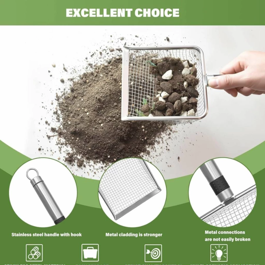 HOAIXUN 4-Layer Stainless Steel Soil Sifter Kit (2mm/2.8mm/3.8mm/5mm Mesh) - Heavy Duty Garden Sieve for Compost, Sand & Dirt - Upgraded Wide Frame Gardening Sifter Tool