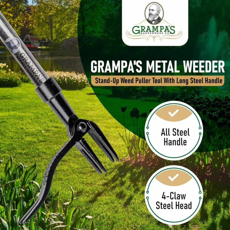 Grampa's Weeder - All Steel Stand Up Weed Puller Tool with 4-Claw Head - Effortlessly Remove Weeds Without Bending or Kneeling (Black)