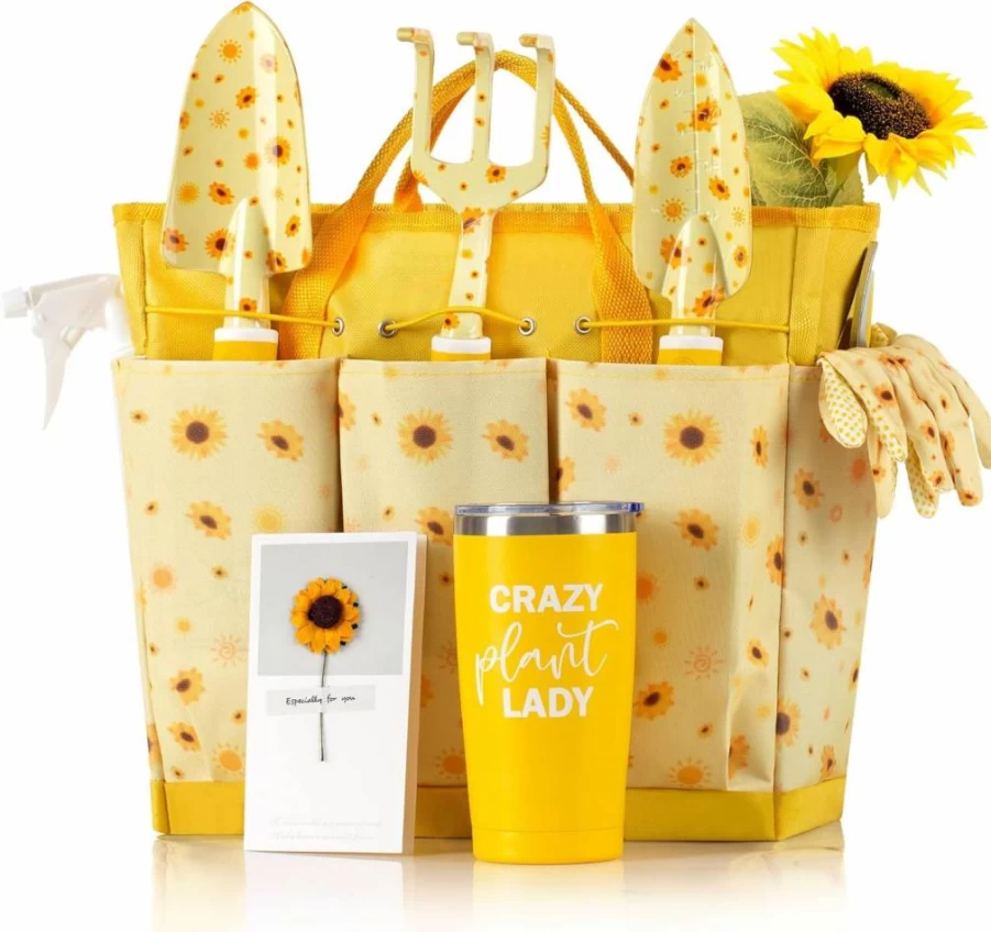 LZPTYYSN Heavy Duty Gardening Tool Set for Women - Sunflower Themed Garden Hand Tools with Durable Tool Bag, Yellow