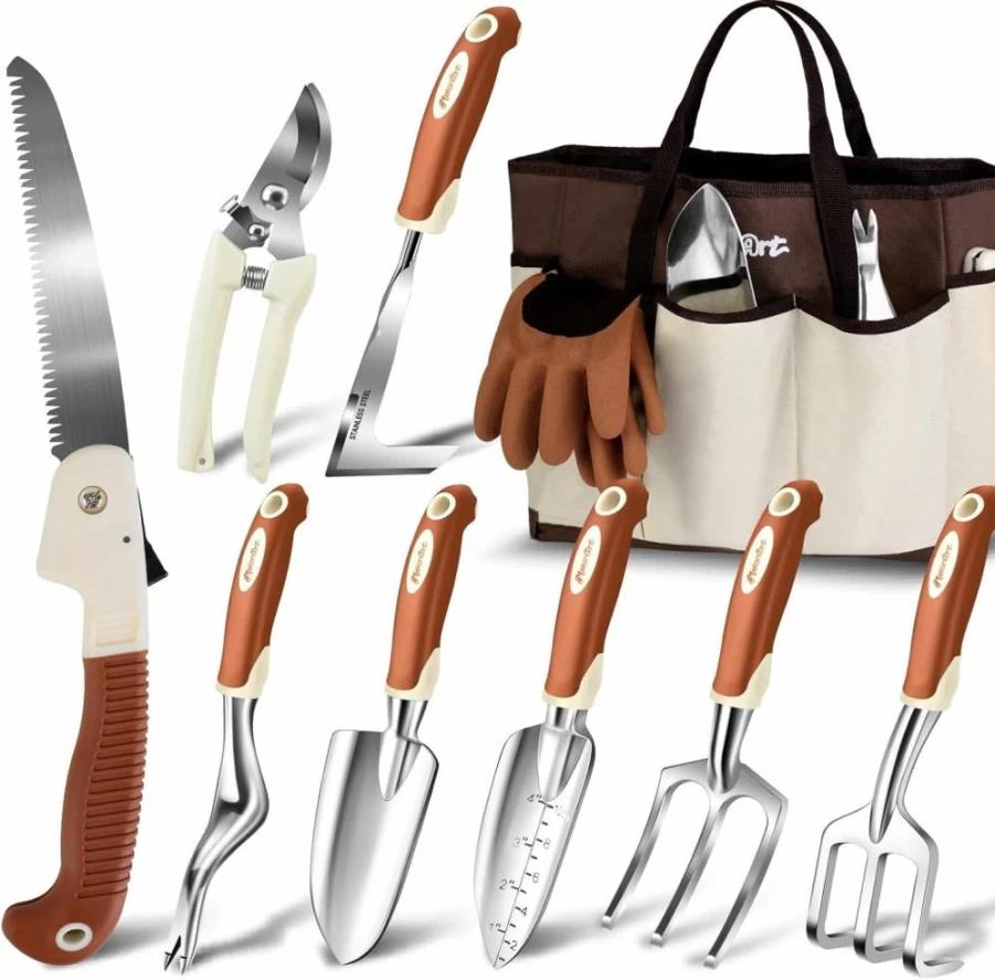 MelonArt 10-Piece Heavy Duty Gardening Tool Set for Women & Men - Aluminum Hand Tools with Non-Slip Ergonomic Handles, Storage Tote Bag & Gloves - Ideal Outdoor Gift for Gardeners
