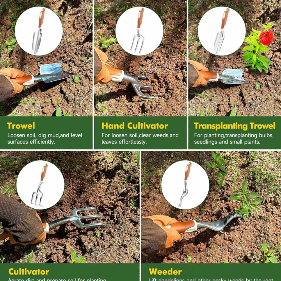MelonArt 10-Piece Heavy Duty Gardening Tool Set for Women & Men - Aluminum Hand Tools with Non-Slip Ergonomic Handles, Storage Tote Bag & Gloves - Ideal Outdoor Gift for Gardeners