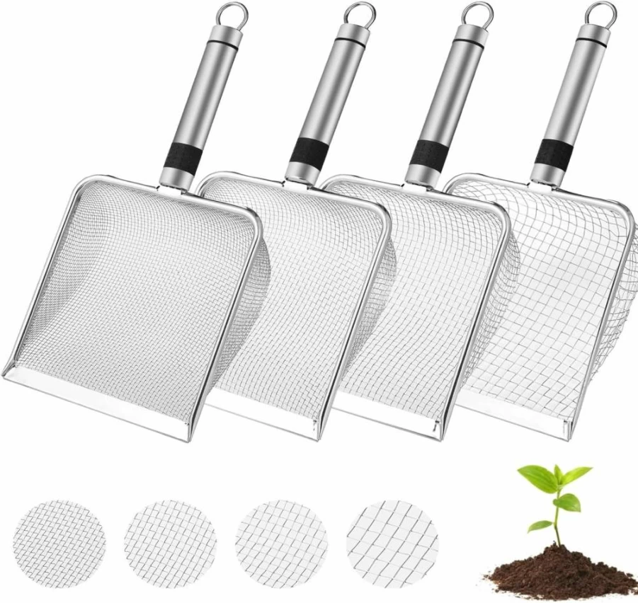 TINSKY 4-Piece Garden Soil Sifter Set with Durable Handle - 2mm, 2.8mm, 3.8mm, 5mm Mesh Screens for Compost, Sand, Dirt, and Rock Sifting - Heavy Duty Gardening Sieve Shovel Tool Kit
