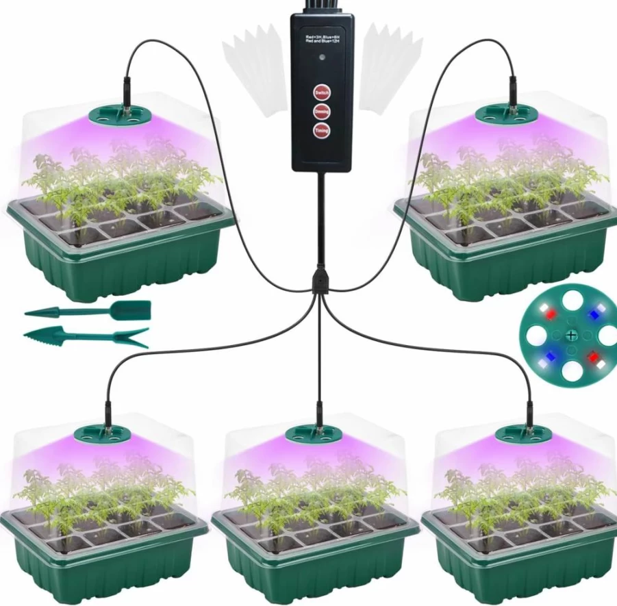 Orancate 10-Pack Seed Starter Kit with Adjustable Grow Light - 2025 Upgraded 8 LED Full-Spectrum Panel, Auto Timer, Dimmable Function & Humidity Dome for Indoor Gardening, Greenhouse Germination Supplies