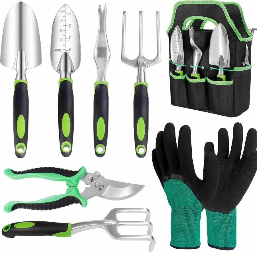 HIPHIWO 8-Piece Heavy Duty Gardening Tools Set with Storage Bag & Gloves, Aluminum Alloy Planting Kit with Non-Slip Ergonomic Handle - Ideal Garden Gifts for Men and Women