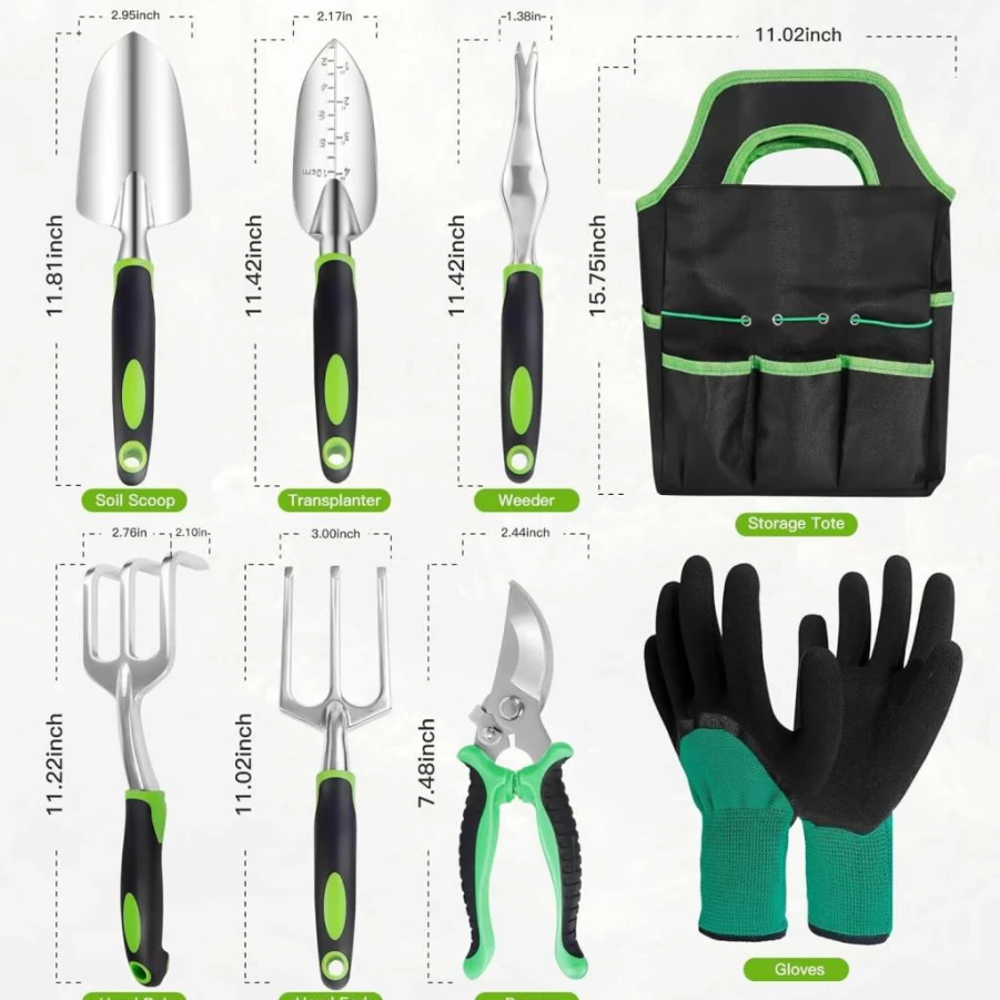 HIPHIWO 8-Piece Heavy Duty Gardening Tools Set with Storage Bag & Gloves, Aluminum Alloy Planting Kit with Non-Slip Ergonomic Handle - Ideal Garden Gifts for Men and Women