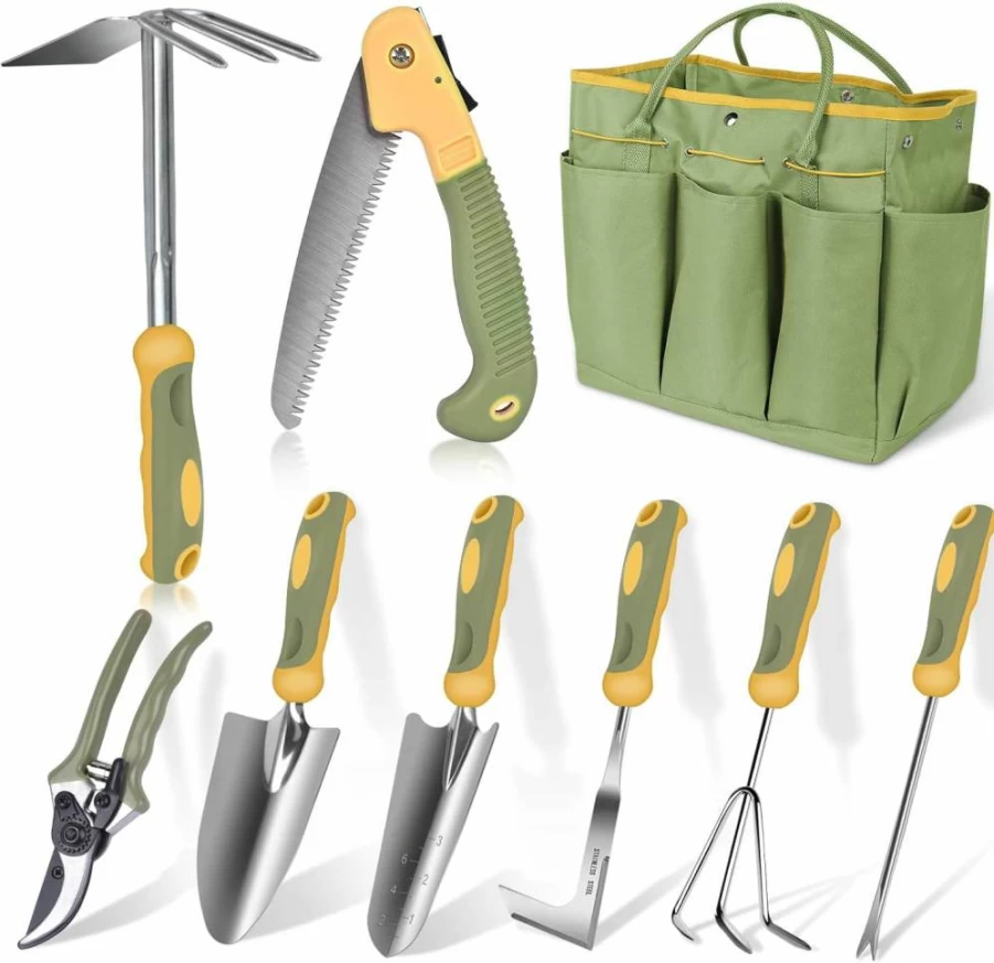 WisaKey 9-Piece Stainless Steel Gardening Tool Set with Heavy Duty Hand Tools, Durable Storage Bag, Ideal for Gardeners & White Elephant Gifts