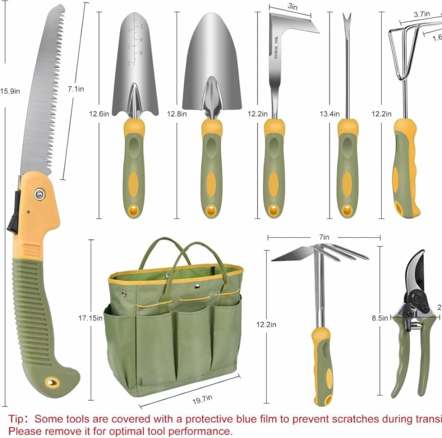 WisaKey 9-Piece Stainless Steel Gardening Tool Set with Heavy Duty Hand Tools, Durable Storage Bag, Ideal for Gardeners & White Elephant Gifts