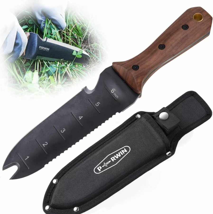 PERWIN 7" Hori Hori Garden Knife with Sheath - Stainless Steel Weeding, Planting, Digging Tool - Full-Tang Walnut Wood Handle & Hanging Hole