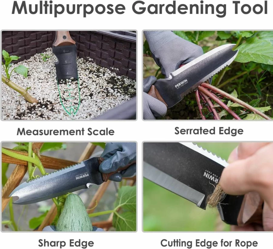PERWIN 7" Hori Hori Garden Knife with Sheath - Stainless Steel Weeding, Planting, Digging Tool - Full-Tang Walnut Wood Handle & Hanging Hole