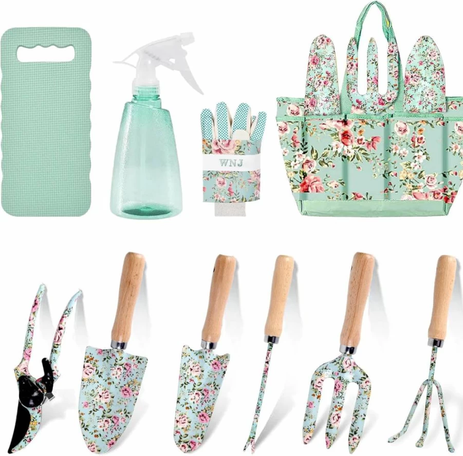 WNJ 10-Piece Heavy Duty Garden Tools Set with Floral Design, Non-Slip Rubber Handles, and Storage Bag – Ideal Gardening Gift for Women