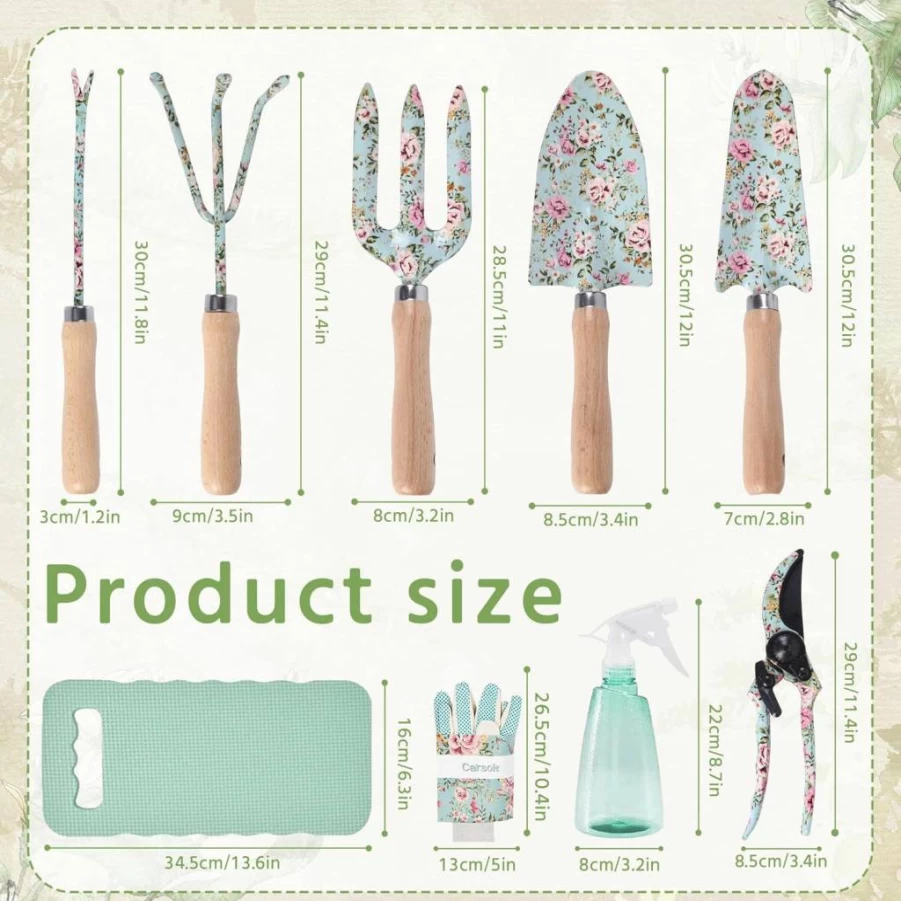 WNJ 10-Piece Heavy Duty Garden Tools Set with Floral Design, Non-Slip Rubber Handles, and Storage Bag – Ideal Gardening Gift for Women