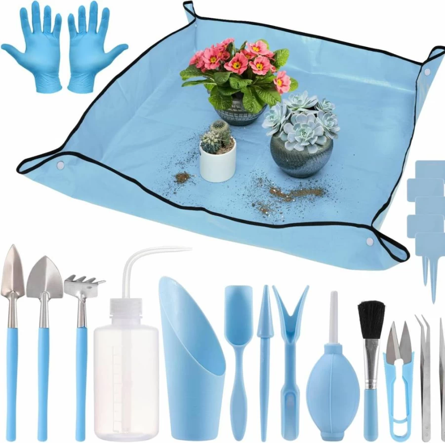 ANPHSIN 20-Piece Succulent Tool Set with 39.4" Repotting Mat - Mini Gardening Hand Tools for Indoor Plants, Outdoor Transplanting Supplies, Ideal Holiday Gift for Women Gardeners, Blue